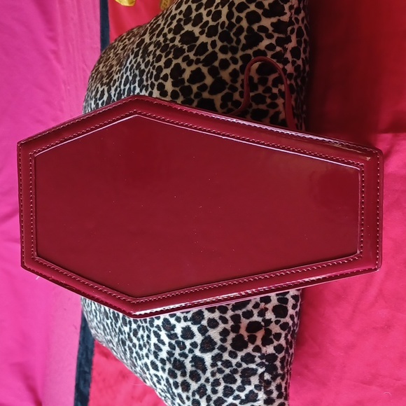 NWT Red coffin makeup or small purse black embroidery of cross,double zippers - Picture 3 of 8